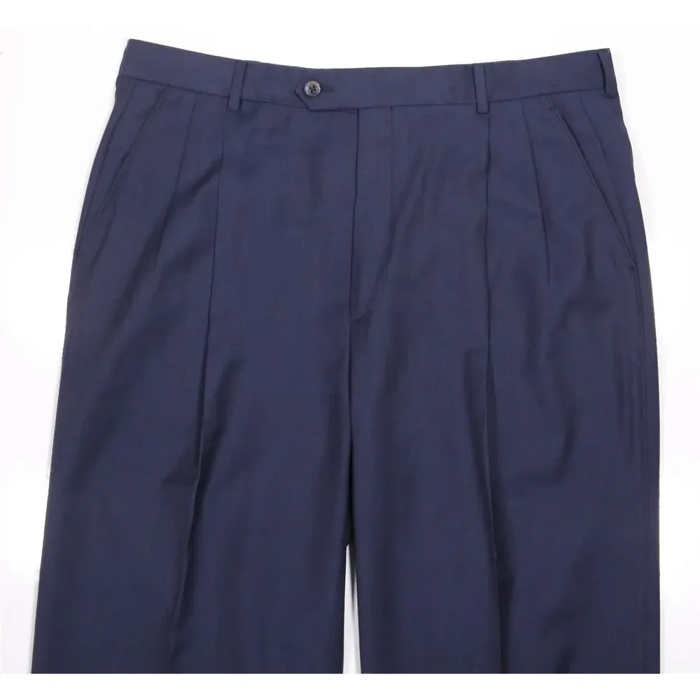 Paul Stuart Navy Blue Super 100's Wool Pleated Dress Pants Italy 36x29